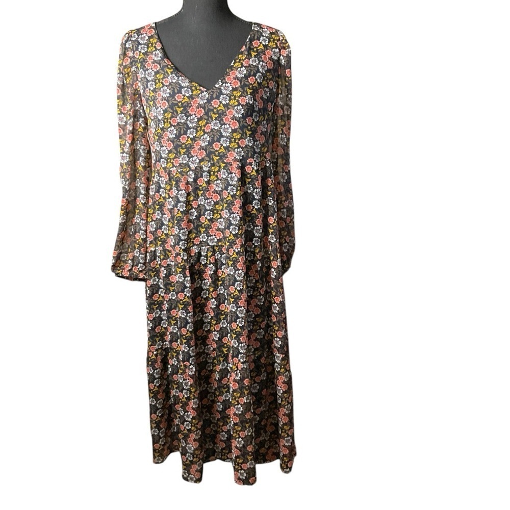 LOFT Black Midi Sundress with Long Bell Sleeves and V-Neckline